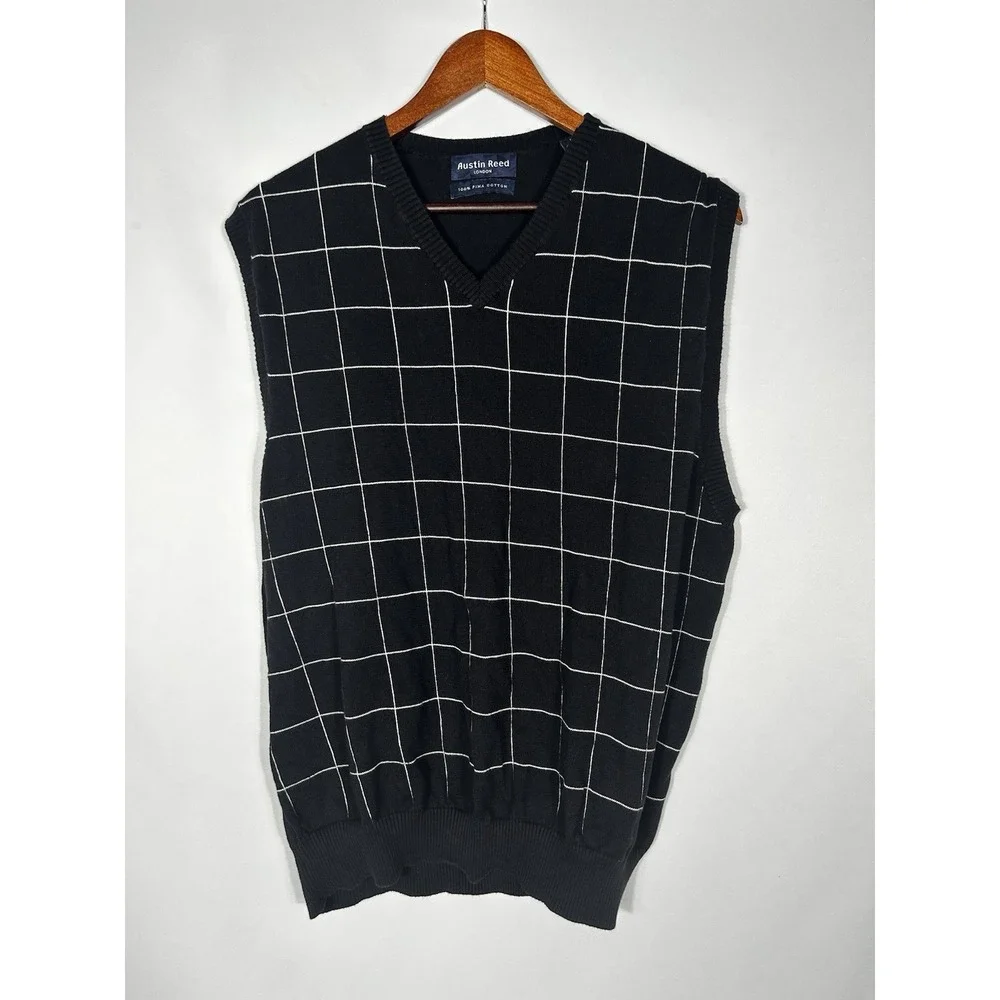 Austin Reed Pima Cotton Sweater Vest Mens L Window Pane Knit Preppy Academia